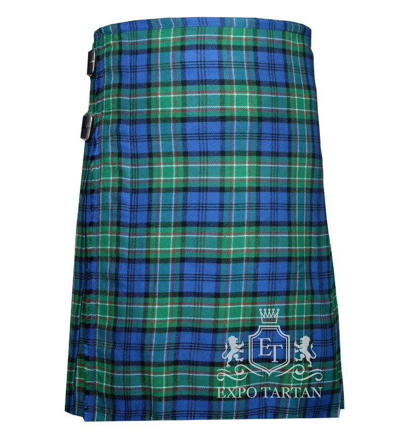 Men's Allan Tartan Kilt showing traditional knife pleats and black leather side straps in a vibrant blue and green sett, intricately intersected by black bands with red and white overcheck