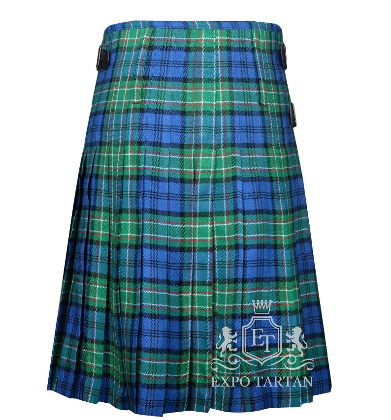 Men's Allan Tartan Kilt showing traditional knife pleats and black leather side straps in a vibrant blue and green sett, intricately intersected by black bands with red and white overcheck