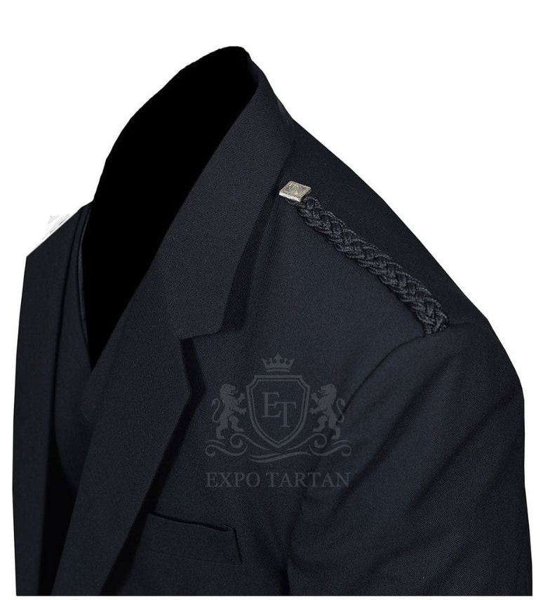 Argyll Jacket Black Barathea Wool Fabric With 5 Button Vest Gauntlet Style Cuffs