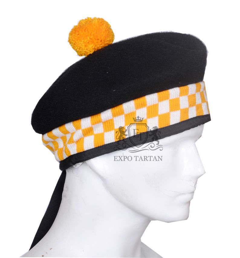 Balmoral Cap Black Wool With Yellow and White Diced Scottish Military Diced Barret Bonnet