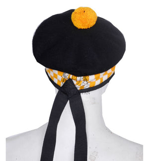 Balmoral Cap Black Wool With Yellow and White Diced Scottish Military Diced Barret Bonnet