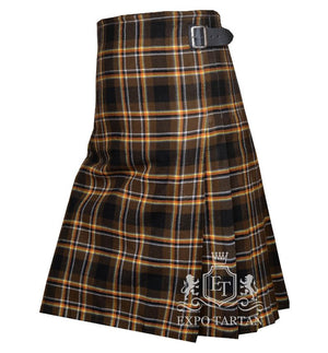 Men's Bear Pride Tartan Kilt showing traditional knife pleats and black leather side straps in an earthy brown and black sett, intricately intersected by golden-yellow and crisp white overcheck
