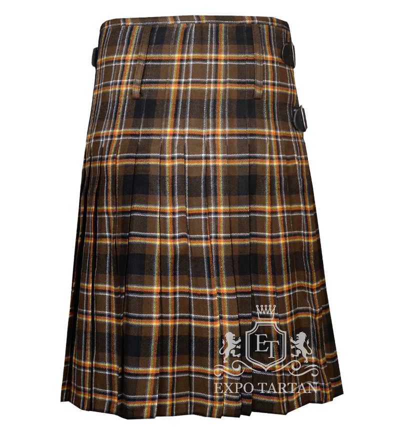 Men's Bear Pride Tartan Kilt showing traditional knife pleats and black leather side straps in an earthy brown and black sett, intricately intersected by golden-yellow and crisp white overcheck