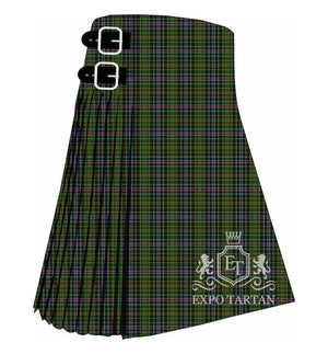 Men's Bhutan Tartan Kilt showing traditional knife pleats in a closely woven earthy green and black sett, intricately intersected by fine golden-orange lines and bright magenta overchecks.