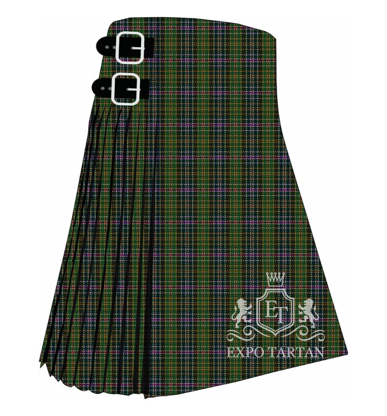 Men's Bhutan Tartan Kilt showing traditional knife pleats in a closely woven earthy green and black sett, intricately intersected by fine golden-orange lines and bright magenta overchecks.