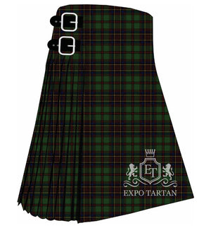 Men's Bicentenary Tartan Kilt showing traditional knife pleats in a deep forest green and navy sett, intersected by thick dark red bands and fine golden-yellow lines.