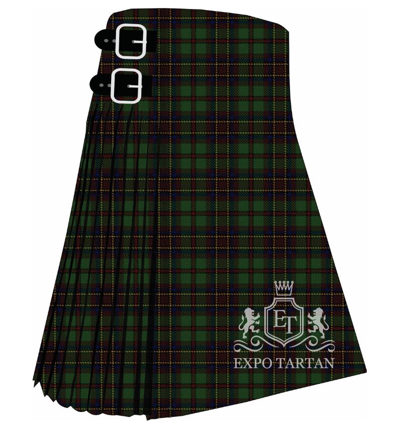Men's Bicentenary Tartan Kilt showing traditional knife pleats in a deep forest green and navy sett, intersected by thick dark red bands and fine golden-yellow lines.