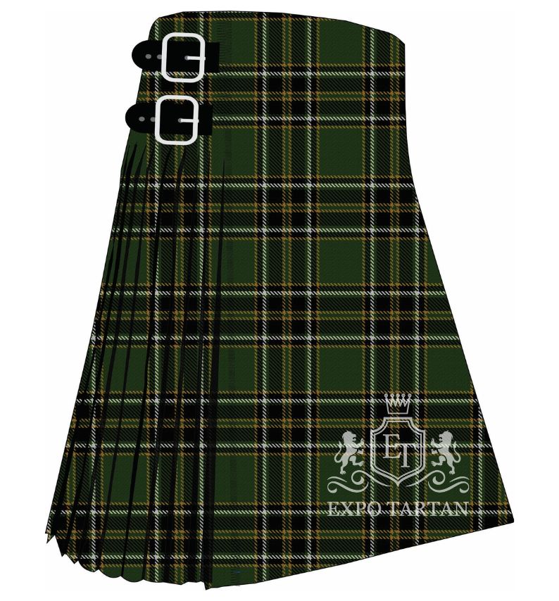 Men's Birmingham Irish Pipes and Drums Tartan Kilt showing traditional knife pleats in a deep forest green sett, intersected by thick black bands and fine white and yellow lines.