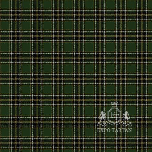 Men's Birmingham Irish Pipes and Drums Swatch showing a deep forest green sett, intersected by thick black bands and fine white and yellow lines.