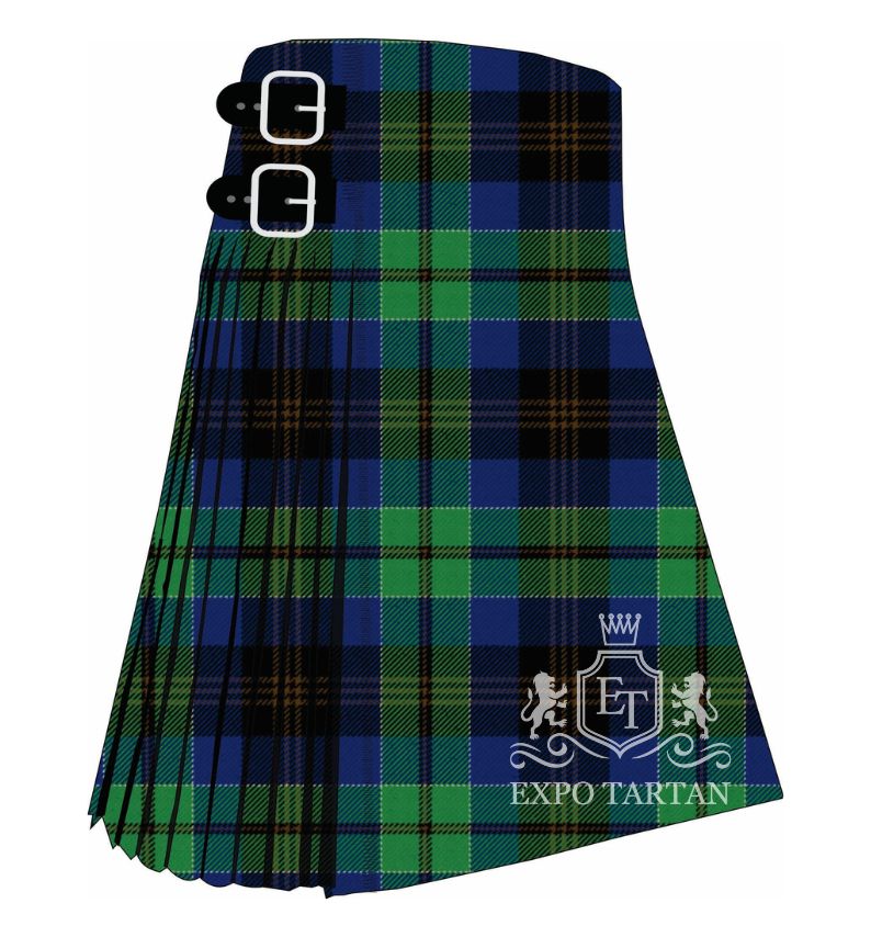 Men's Black Gold Oilfield Tartan Kilt showing traditional knife pleats in a deep blue and green sett, intersected by thick black bands and fine golden-yellow lines.