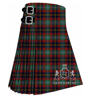 Men's Black Hills Tartan Kilt showing traditional knife pleats in a rich red and green sett, intersected by thick dark bands and fine white and yellow lines