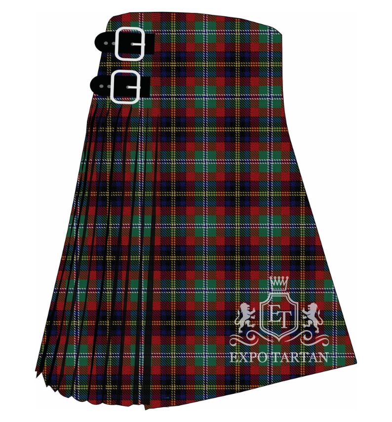 Men's Black Hills Tartan Kilt showing traditional knife pleats in a rich red and green sett, intersected by thick dark bands and fine white and yellow lines