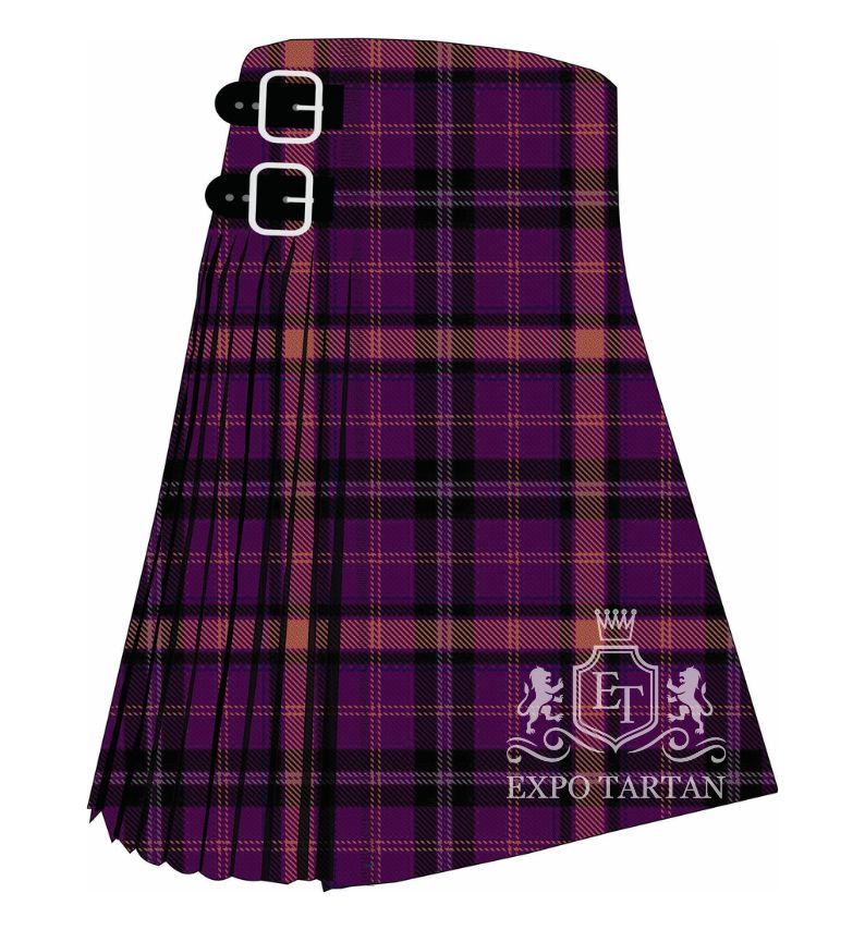 Men's Black Rose Tartan Kilt showing traditional knife pleats in a deep purple sett, intersected by thick black bands and fine vibrant pink lines