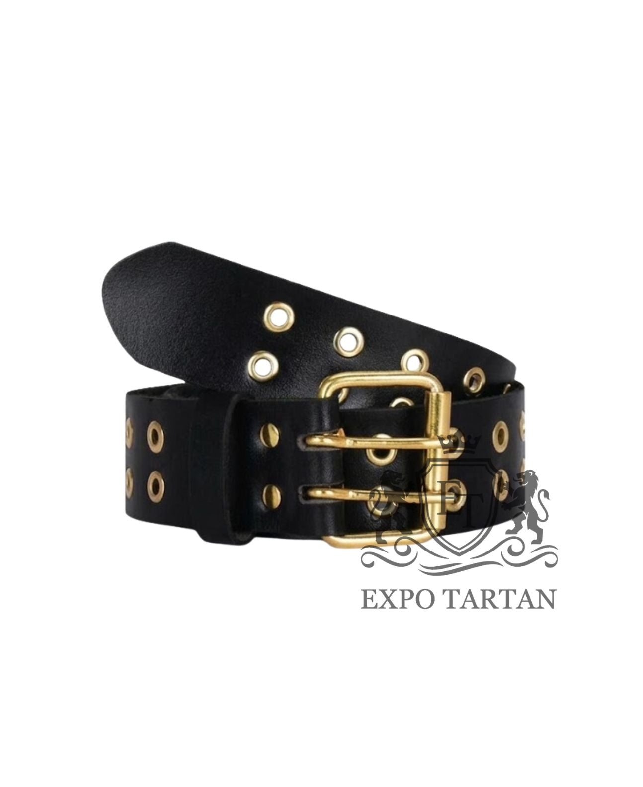 Black leather belt with Dual Antique Prong gold hardware on a white background, branded 'Expo Tartan'.