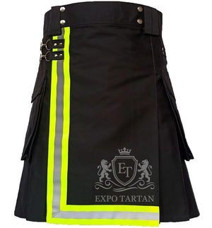 Black Firefighter Utility Kilt — Reflective Cargo Pockets | Expo Tartan