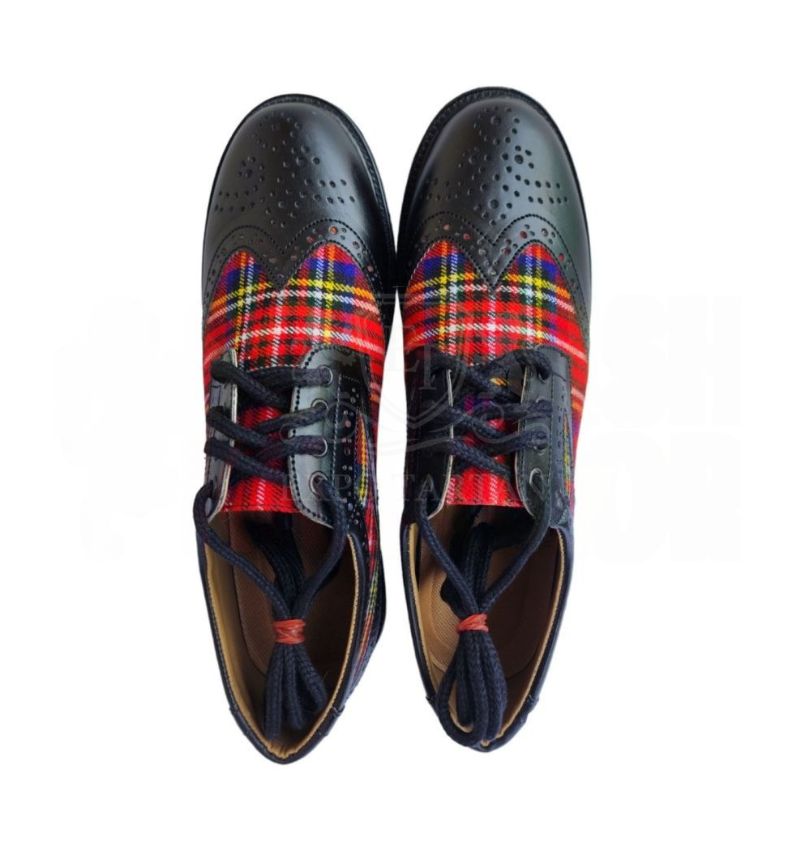 Black Ghillie Brogue Kilt Shoes With Tartan