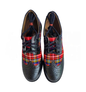 Black Ghillie Brogue Kilt Shoes With Tartan