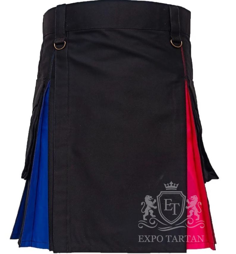 Black Hybrid Utility Kilt Gothic Punk Style with Blue Pink and Purple Pleats 