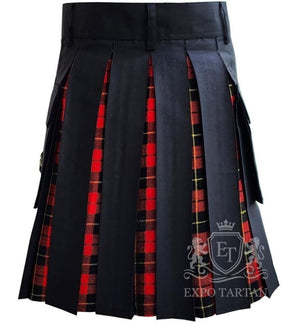 Black Hybrid Utility Kilt Wallace Red Tartan Pleats with Cargo Pockets