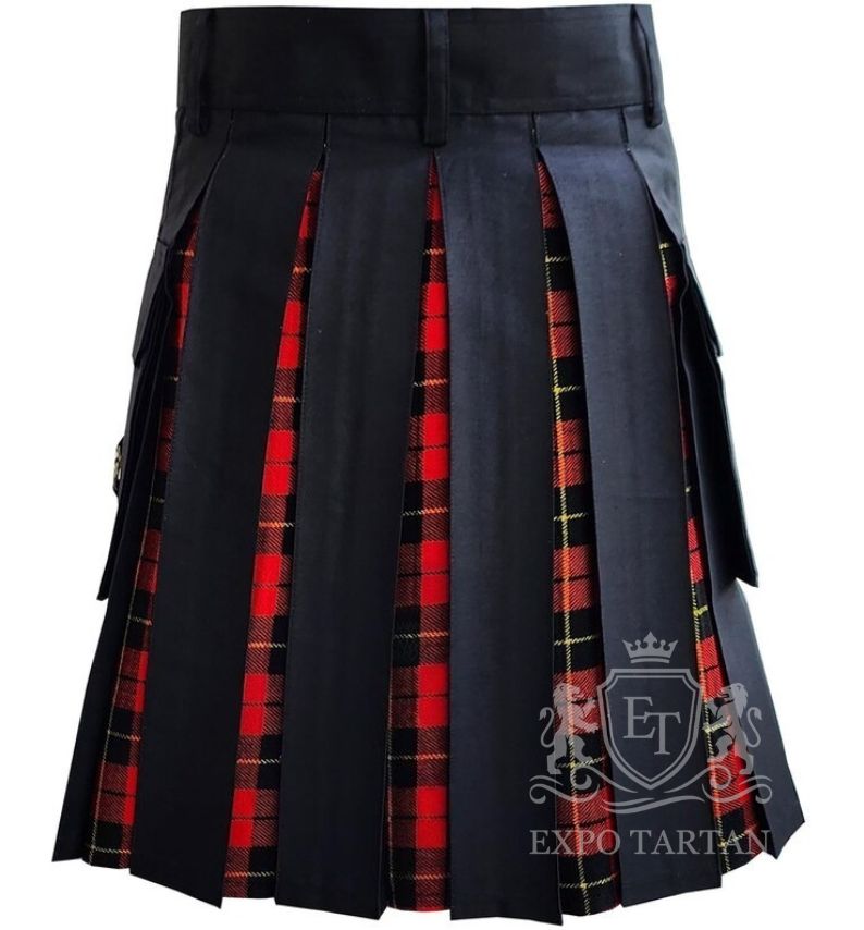 Black Hybrid Utility Kilt Wallace Red Tartan Pleats with Cargo Pockets