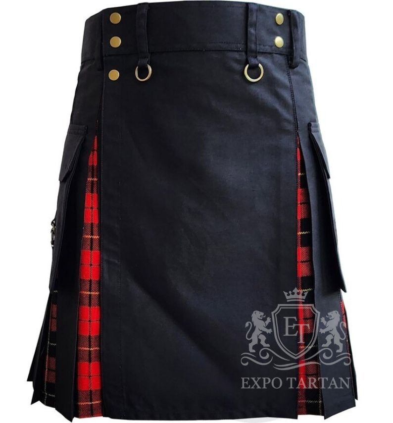 Black Hybrid Utility Kilt Wallace Red Tartan Pleats with Cargo Pockets
