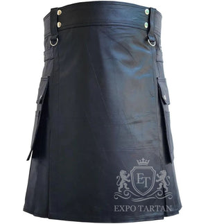 Black Leather Utility Kilt Custom Made Scottish Highland Style