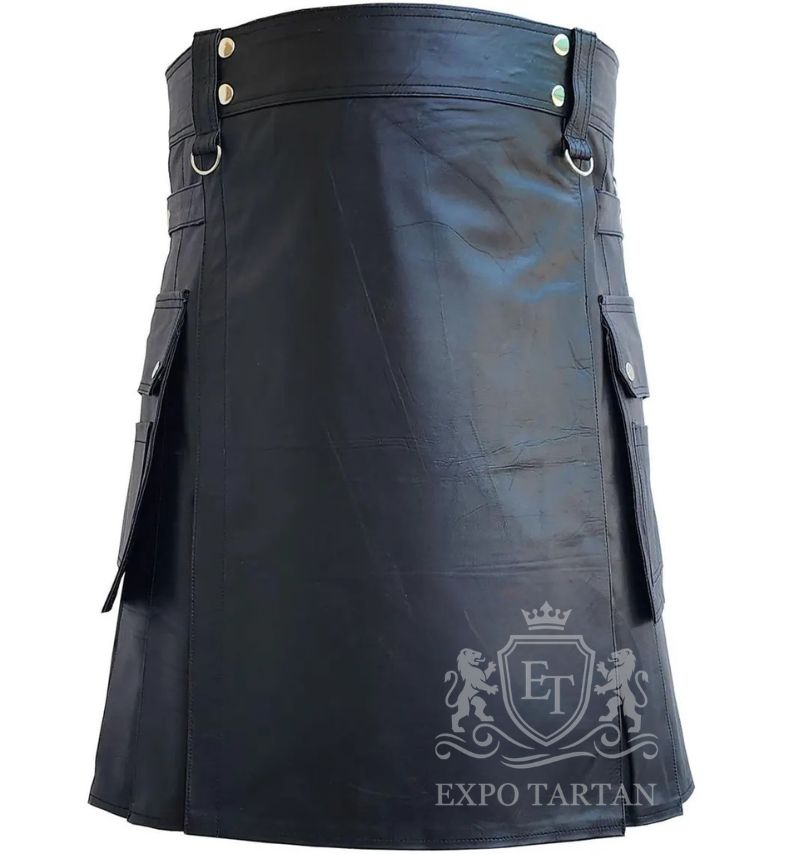 Black Leather Utility Kilt Custom Made Scottish Highland Style