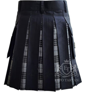 Black Utility Kilt with Grey Watch Tartan Pleats - Custom Scottish Hybrid Kilt