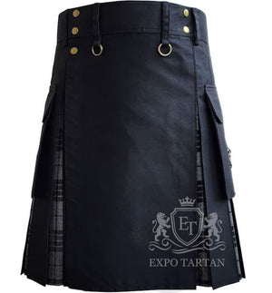 Black Utility Kilt with Grey Watch Tartan Pleats - Custom Scottish Hybrid Kilt