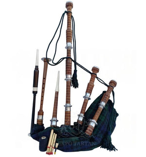 Black Watch Tartan Bagpipe Set Brown & Silver Finish With Hard Case