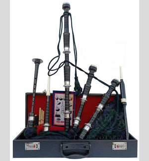 Black Watch Tartan Black With Silver Finish Bagpipe Set With Hard Case