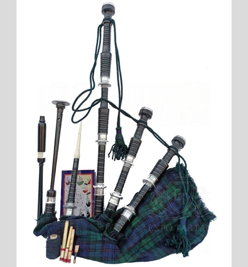 Black Watch Tartan Black With Silver Finish Bagpipe Set With Hard Case