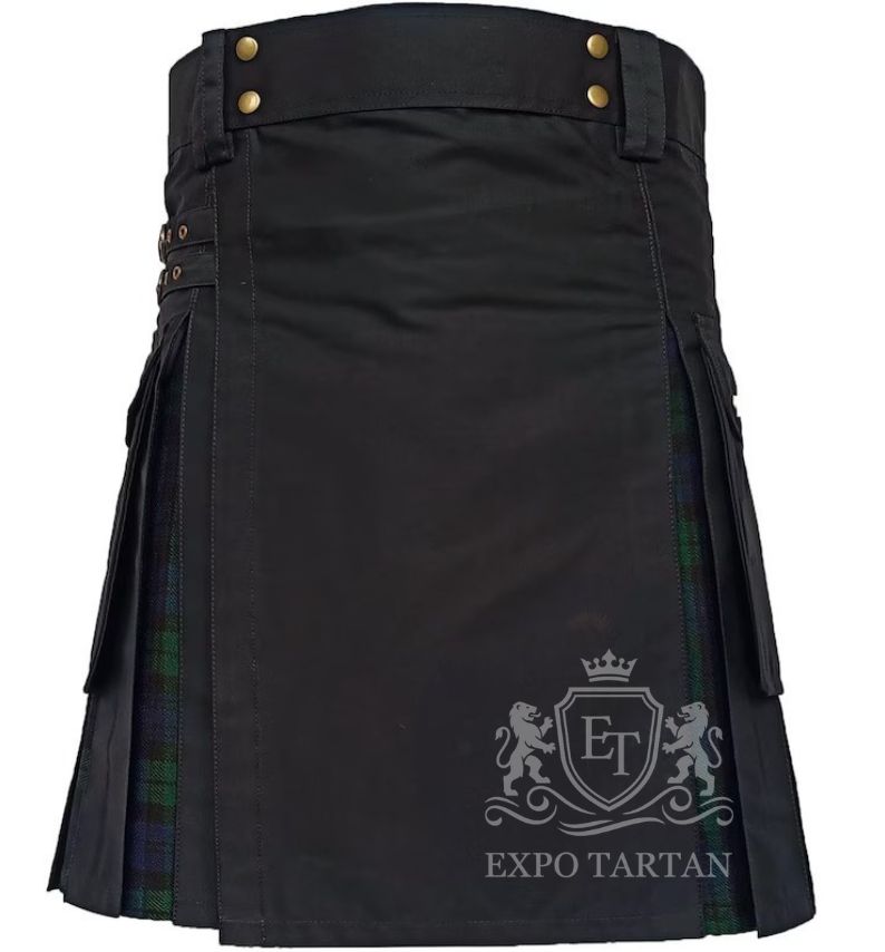 Black Utility Hybrid Kilt with Black Watch Tartan Gothic Highland Wear for Men