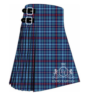Men's Blesma Tartan Kilt showing traditional knife pleats in a light blue and teal sett, intersected by thick dark navy bands and fine red and yellow lines