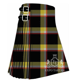 Men's Blood on the Coal Tartan Kilt showing traditional knife pleats in a deep black sett, intersected by thick golden-yellow bands and fine red and white lines