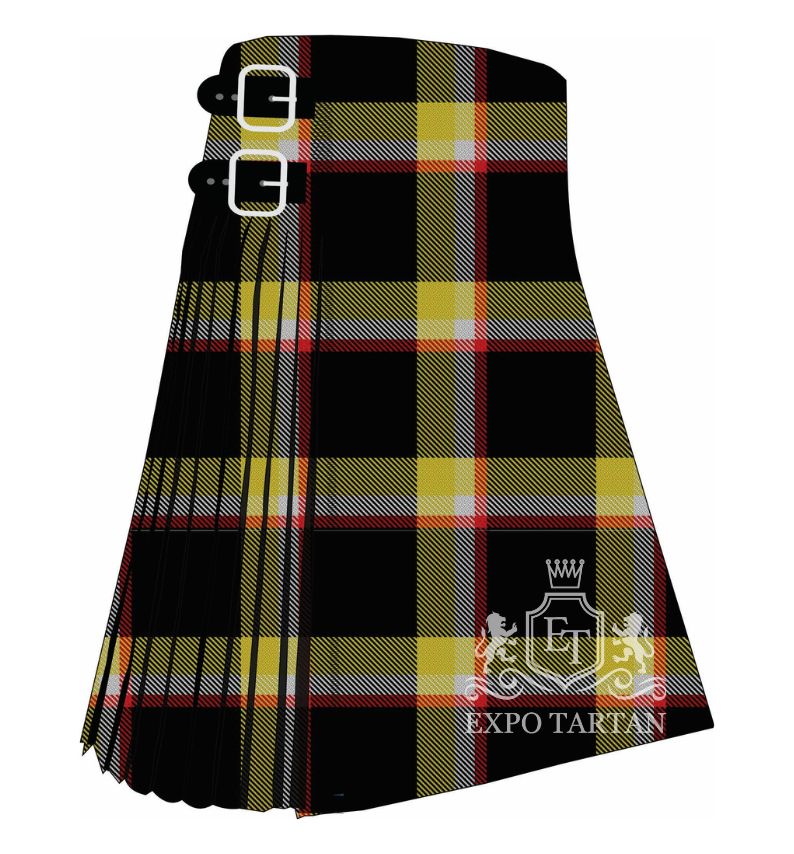 Men's Blood on the Coal Tartan Kilt showing traditional knife pleats in a deep black sett, intersected by thick golden-yellow bands and fine red and white lines