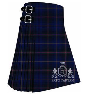 Men's Blue Peter Tartan Kilt showing traditional knife pleats in a deep blue sett, intricately intersected by fine bright yellow, vibrant pink, and green lines.