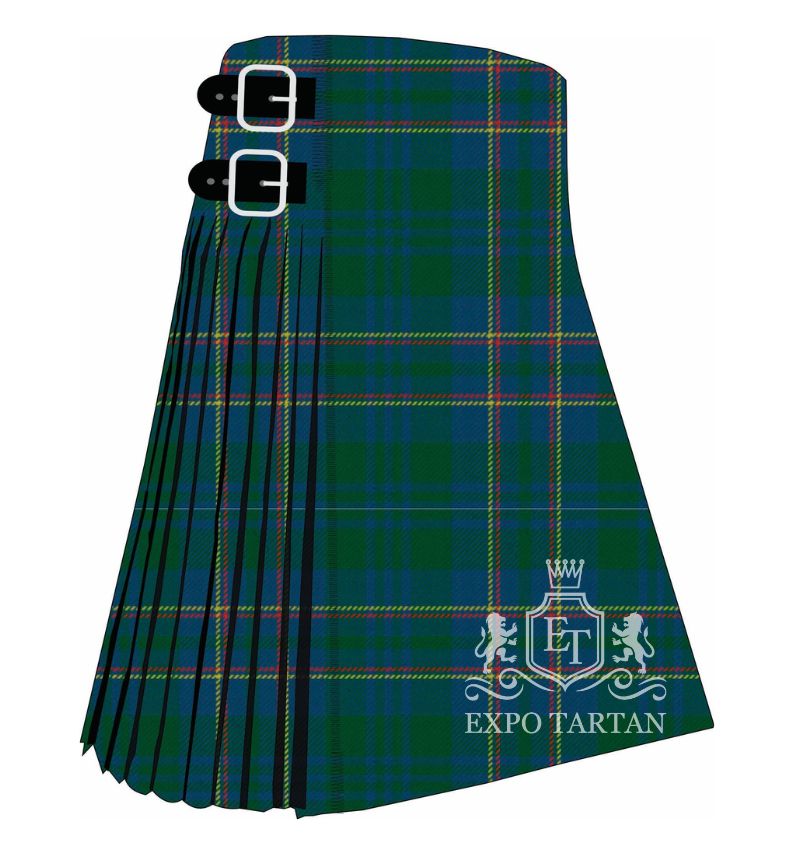 Men's Blue Ridge Mountains Ancient Tartan Kilt showing traditional knife pleats in a green and blue sett, intricately intersected by fine bright red and golden-yellow lines