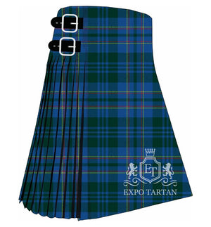 Men's Blue Ridge Mountains Tartan Kilt showing traditional knife pleats in a rich green and deep blue sett, intricately intersected by fine bright red and golden-yellow lines