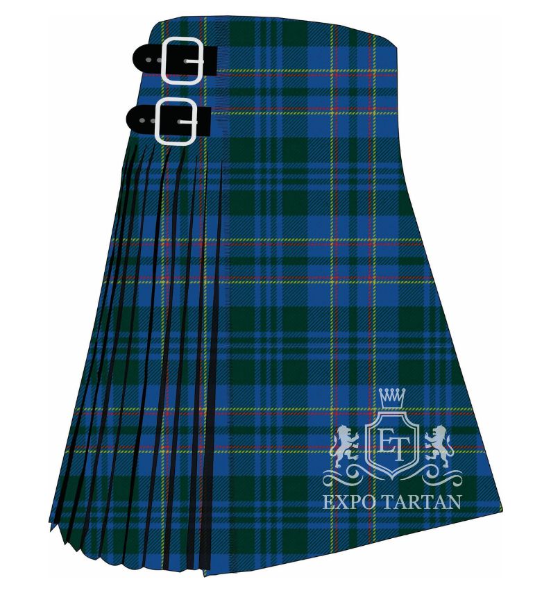 Men's Blue Ridge Mountains Tartan Kilt showing traditional knife pleats in a rich green and deep blue sett, intricately intersected by fine bright red and golden-yellow lines