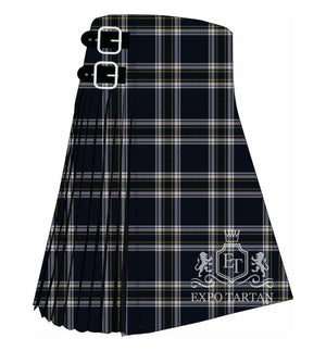 Men's Boat of Garten Tartan Kilt showing traditional knife pleats in a deep dark sett, intricately intersected by prominent white bands and fine golden-yellow lines