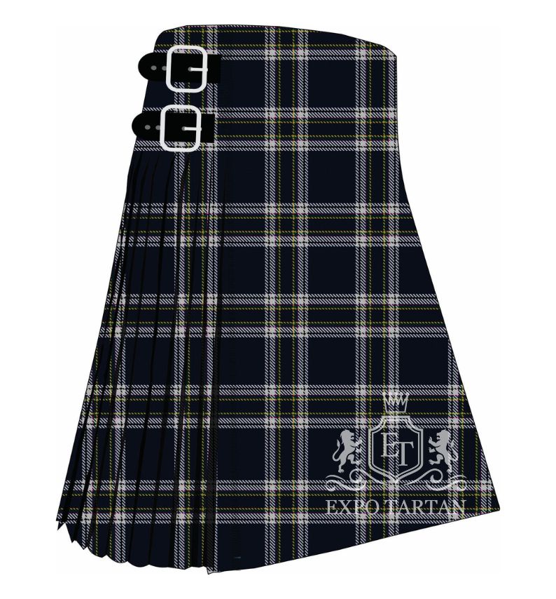 Men's Boat of Garten Tartan Kilt showing traditional knife pleats in a deep dark sett, intricately intersected by prominent white bands and fine golden-yellow lines