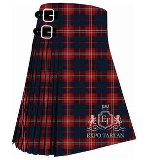 Men's Bon Accord Tartan Kilt showing traditional knife pleats in a deep navy sett, intricately intersected by prominent red bands and fine white lines