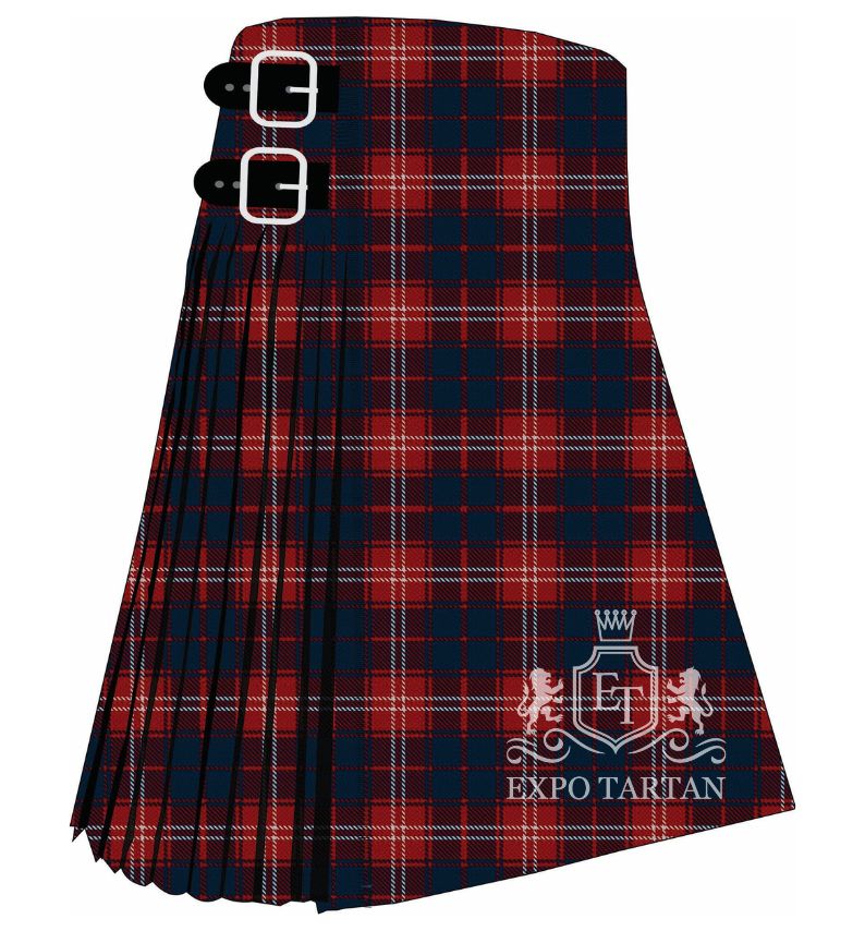 Men's Bon Accord Tartan Kilt showing traditional knife pleats in a deep navy sett, intricately intersected by prominent red bands and fine white lines