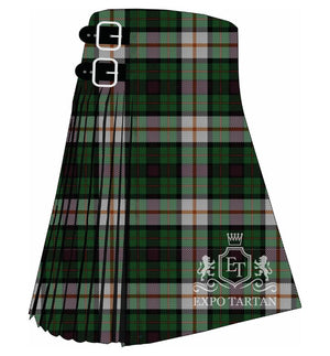 Men's Border Cattle Show Tartan Kilt showing traditional knife pleats in a rich green and grey sett, intricately intersected by thick dark bands and fine warm orange line