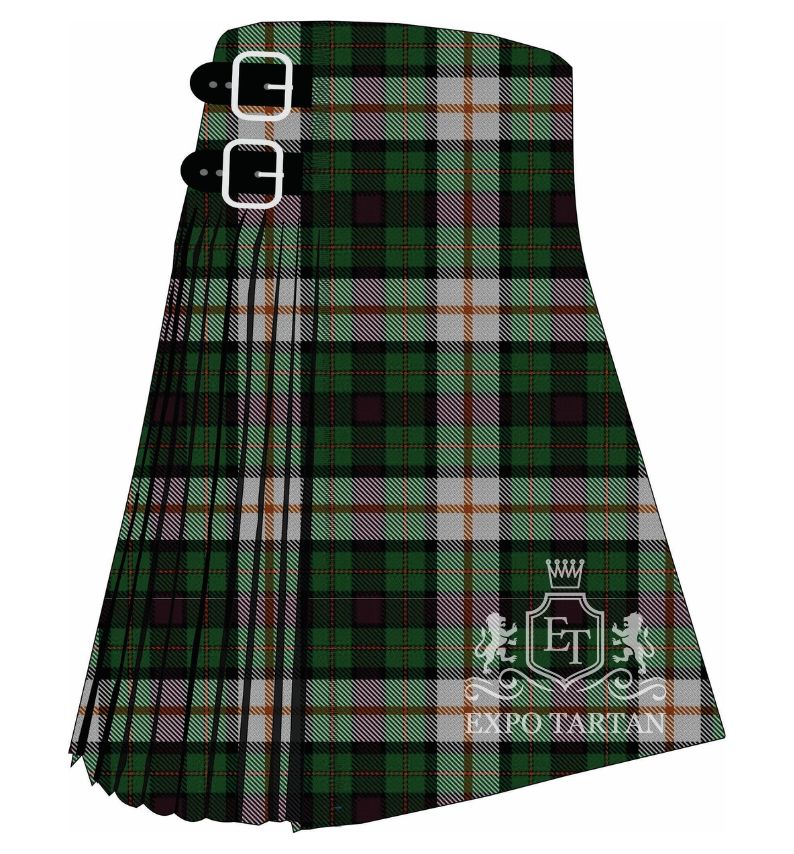 Men's Border Cattle Show Tartan Kilt showing traditional knife pleats in a rich green and grey sett, intricately intersected by thick dark bands and fine warm orange line