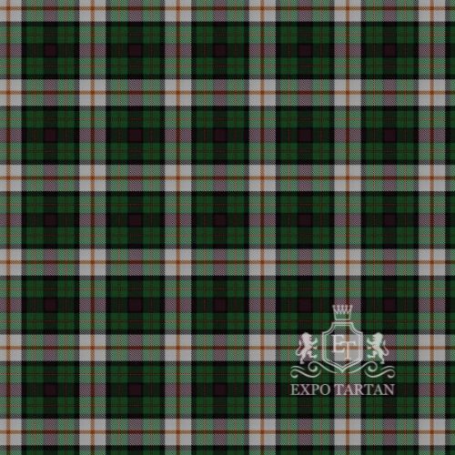 Men's Border Cattle Show Swatch showing a rich green and grey sett, intricately intersected by thick dark bands and fine warm orange line