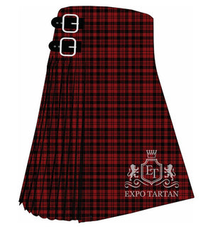 Men's Border Reiver Tartan Kilt showing traditional knife pleats in a dense, small-scale red and black checked sett.