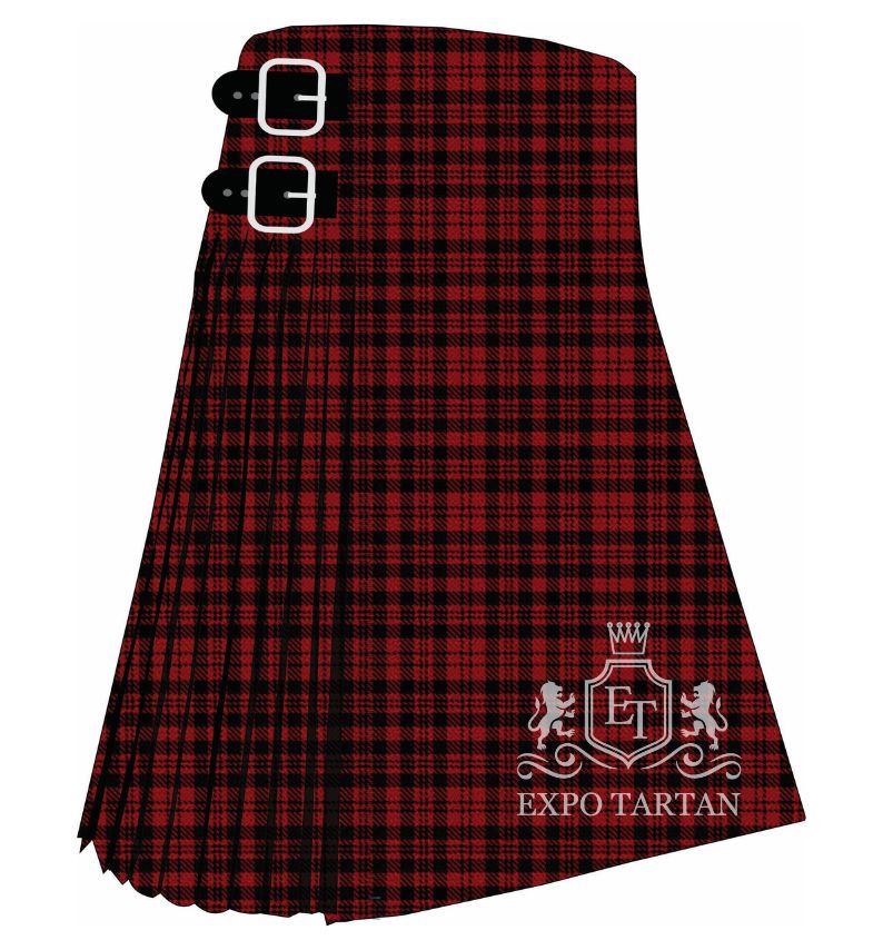Men's Border Reiver Tartan Kilt showing traditional knife pleats in a dense, small-scale red and black checked sett.