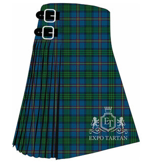 Men's Borders Health Board Tartan Kilt showing traditional knife pleats in a medium blue and forest green sett, intricately intersected by fine red and pale yellow lines.
